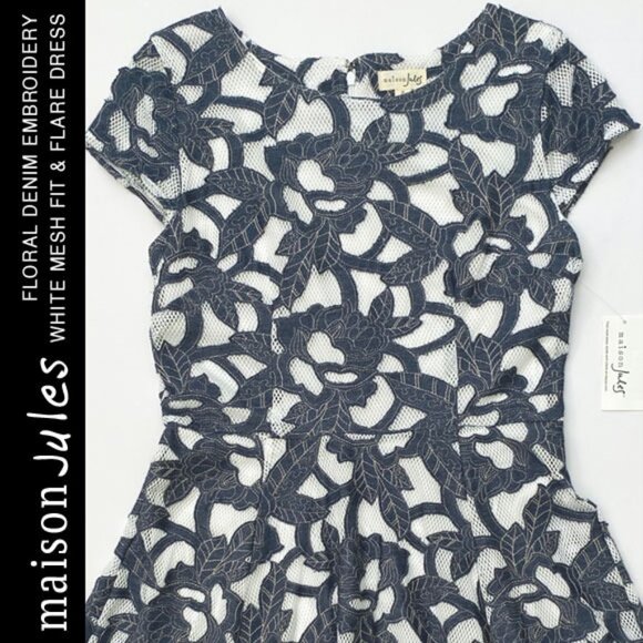 NWT Maison Jules Denim Laser-Cut Embroidery Mesh Fit & Flare Dress Size S - Picture 1 of 14